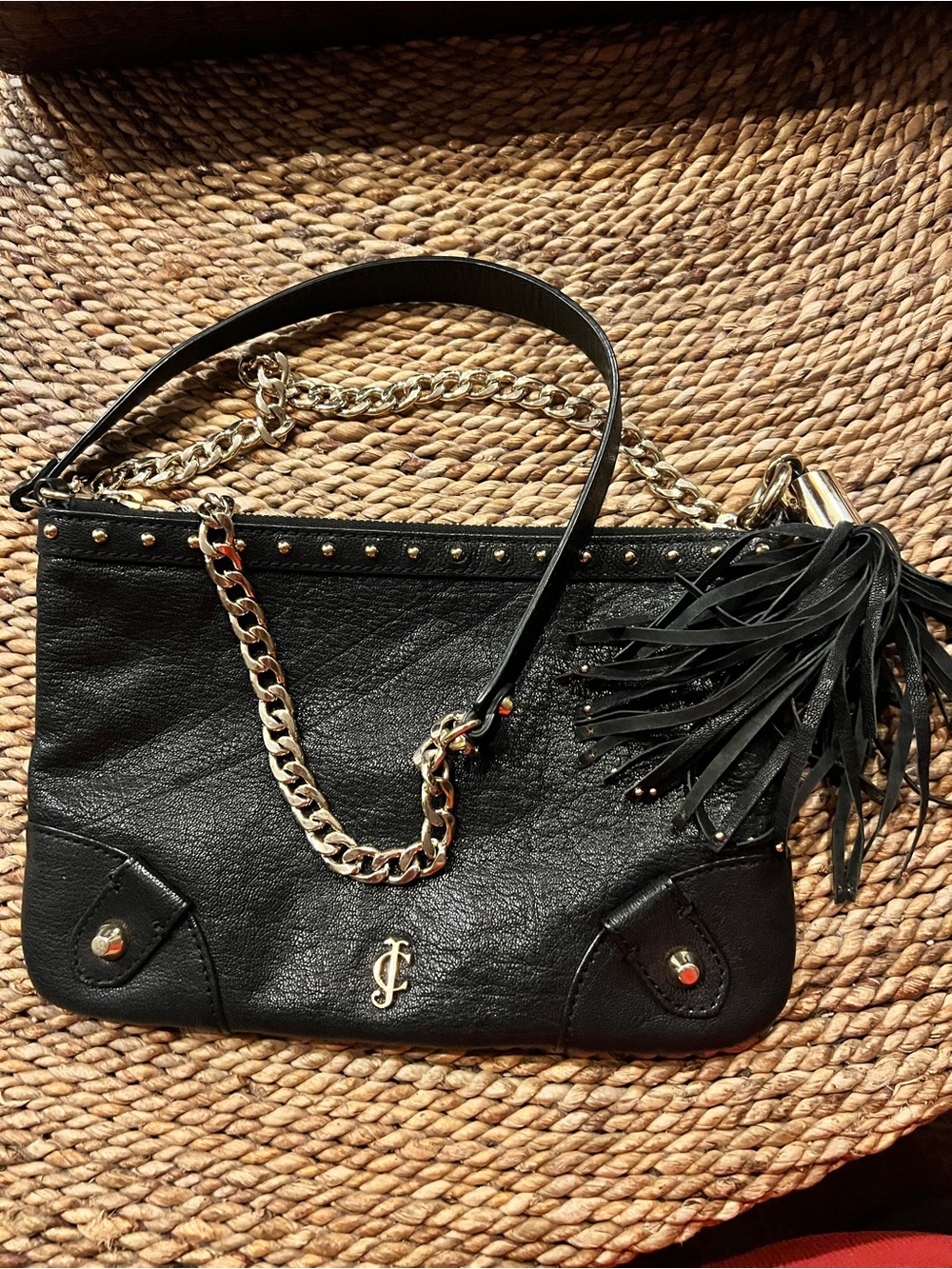 Vintage Juicy Couture Black Pebbled Leather  Shoulder Bag, Tassel & Gold Chain